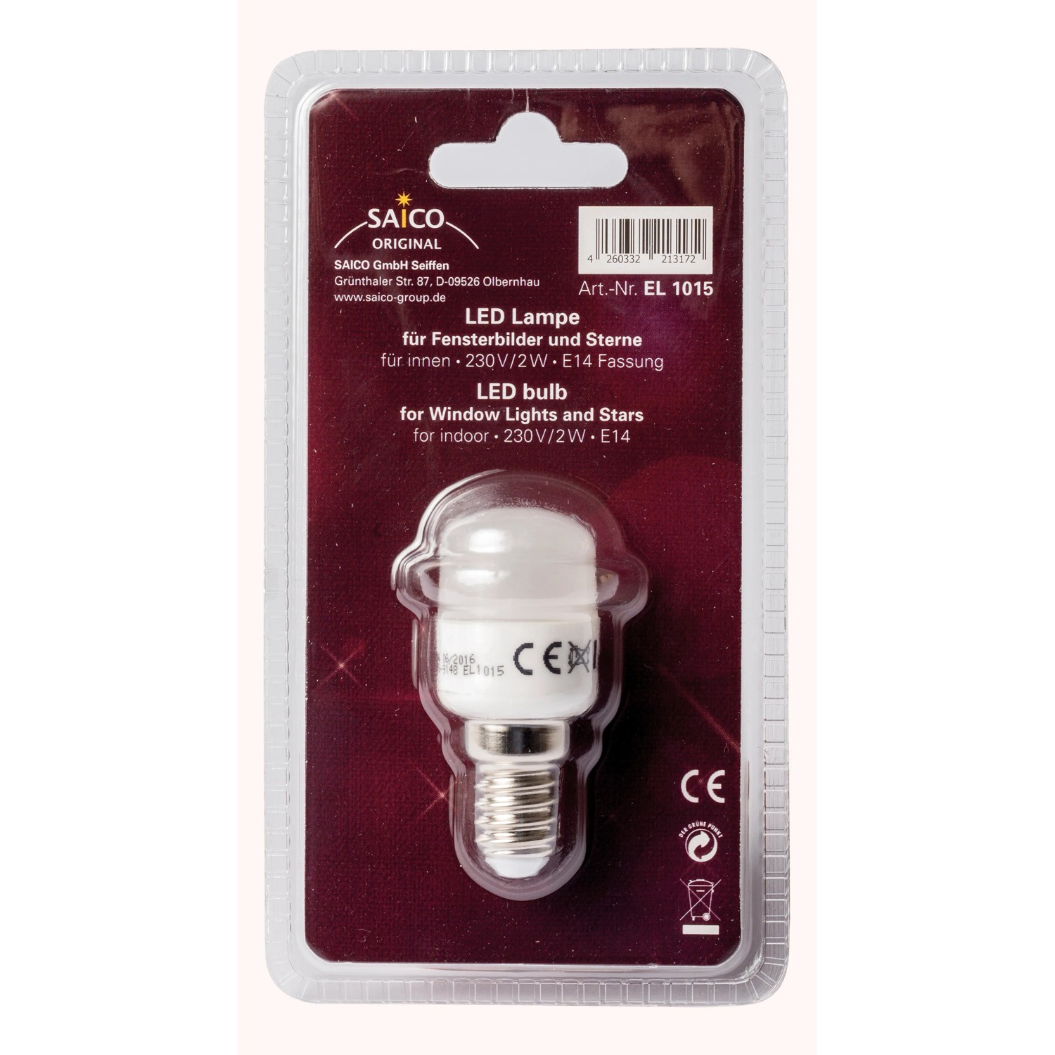 Saico LED-Ersatzlampe für Fensterbilder und Sterne E14-Fassung 230V, 2W Warmweiß