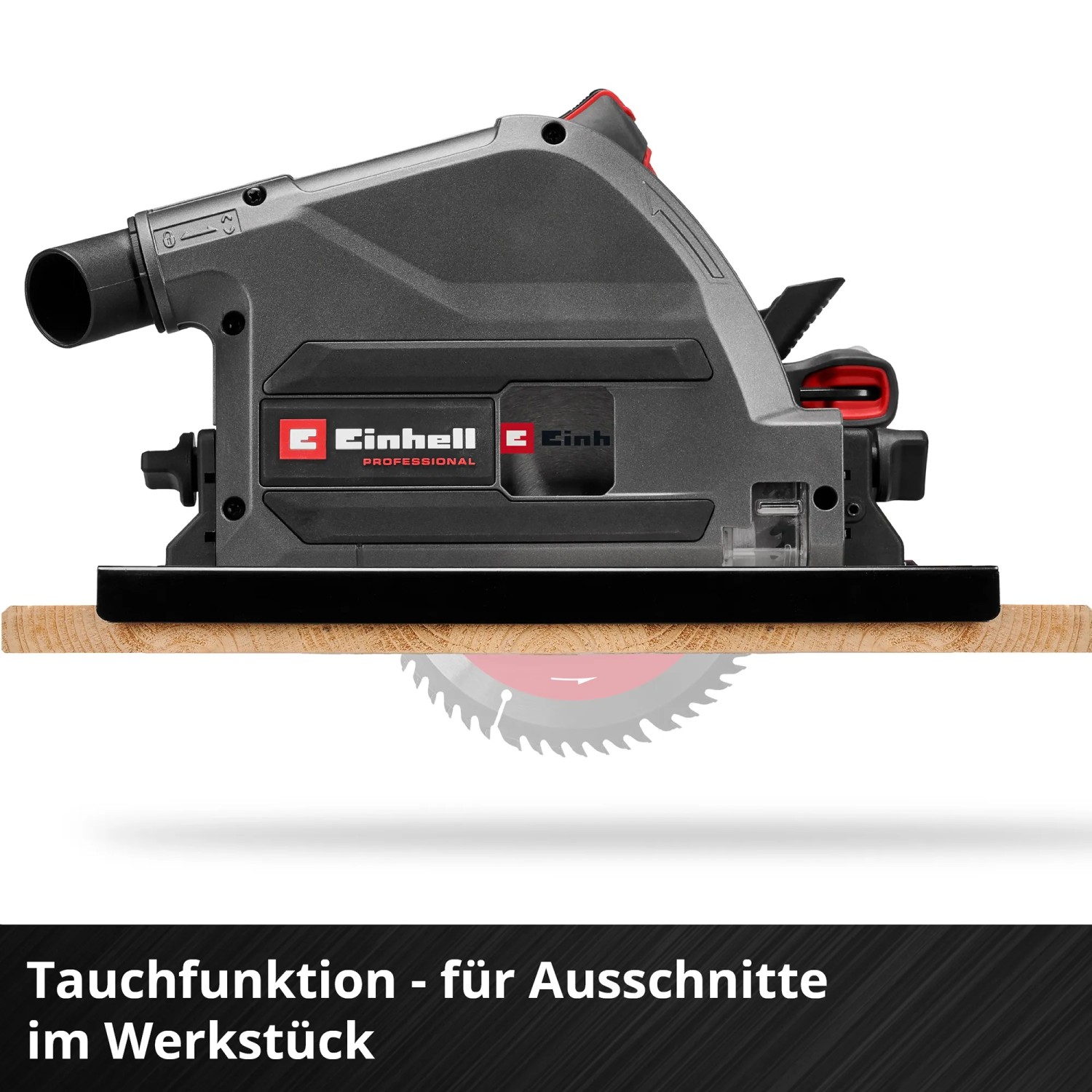 Einhell Akku-Tauchsäge TP-PS 18/165 Li BL Solo beim Sägen von Holz.