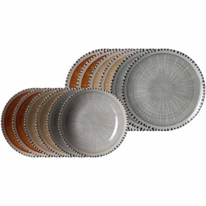 Ritzenhoff & Breker Natura Tafelservice 12-teilig. Teller in Grau, Beige, Braun mit Holzstruktur und gepunktetem Rand.