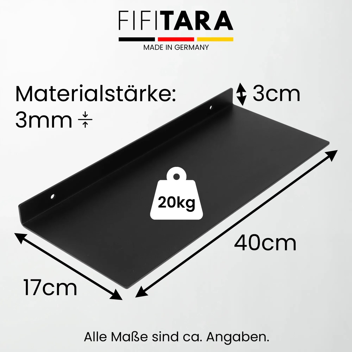 Schwarzes FIFITARA Wandregal, 40cm, 2er Set aus Stahl, pulverbeschichtet, mit Maßangaben.