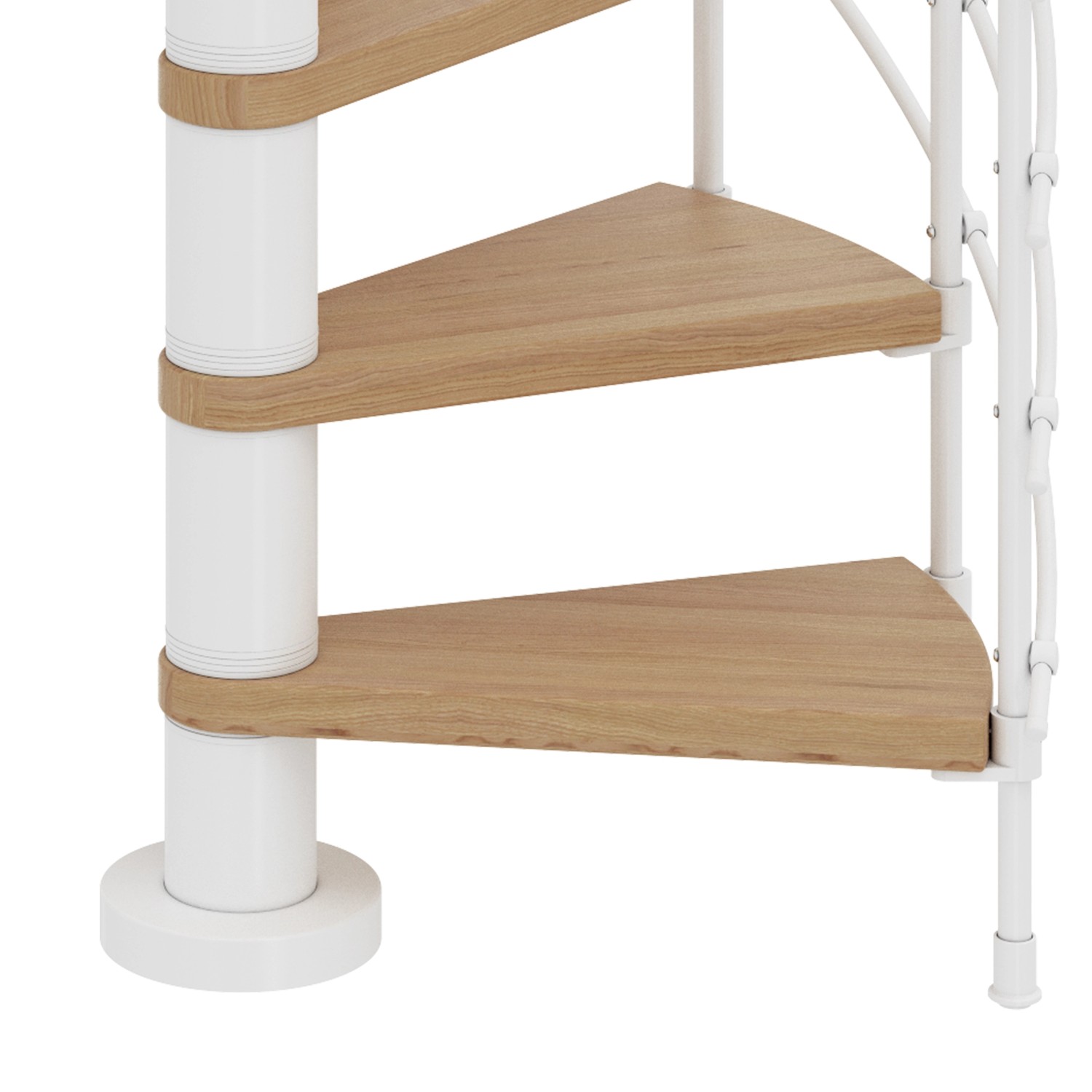 Detailaufnahme: Dolle Spindeltreppe Oslo, Ø 140 cm, weiße Metallelemente, 12 Eiche-Stufen.