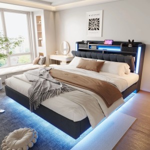 Graues Polsterbett (160x200) mit LED-Beleuchtung, USB-Anschluss und Stauraum im Kopfteil.