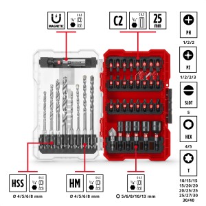 Einhell Zubehör-Set, 39-teilig im M-Case: Bitset mit Bits, Bohrern und Steckschlüsseln in Aufbewahrungsbox.