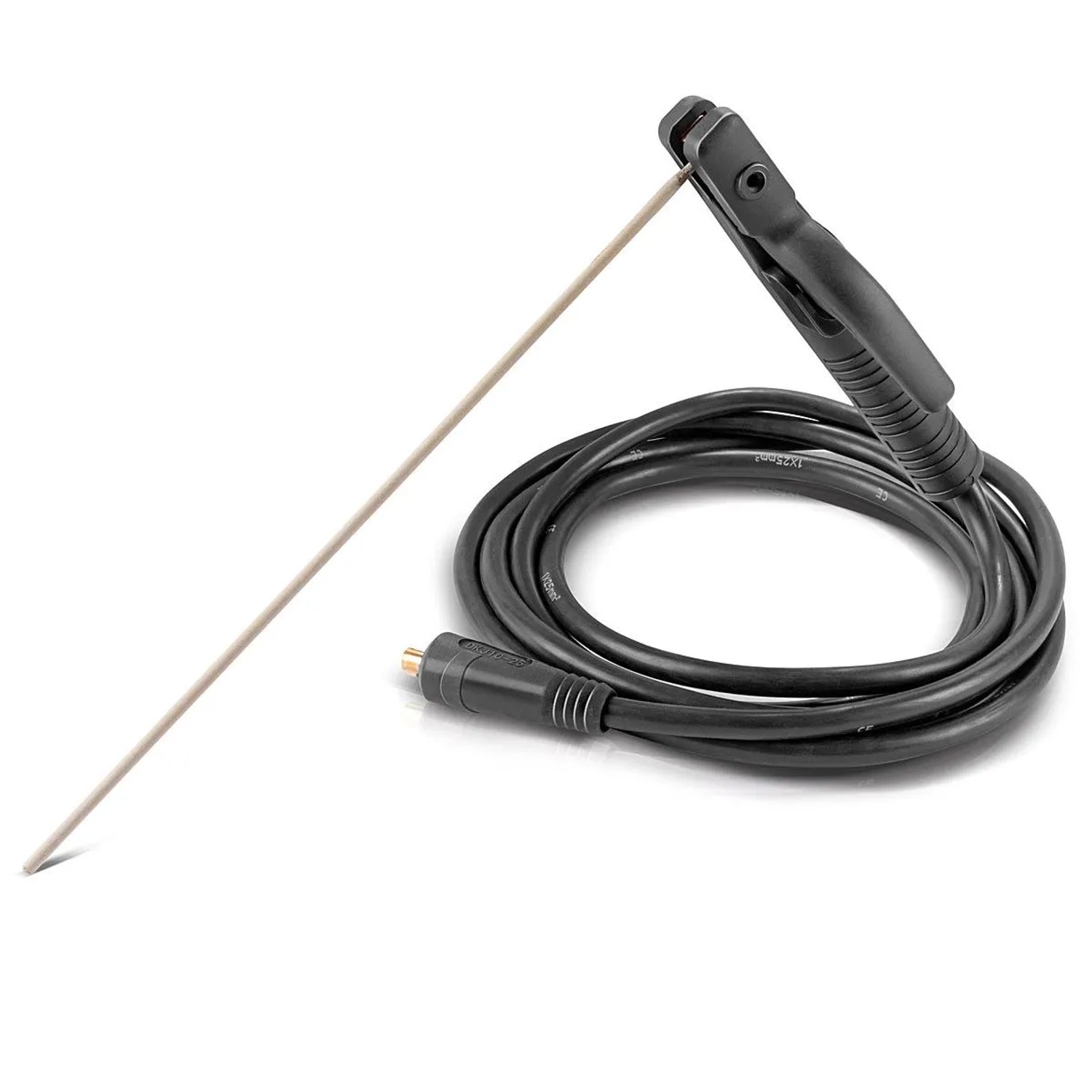 Schwarzer STAHLWERK MMA ARC Elektrodenhalter mit Schweißelektrode und 8 m Schweißkabel, 25 mm² Querschnitt, 9 mm Dorn.