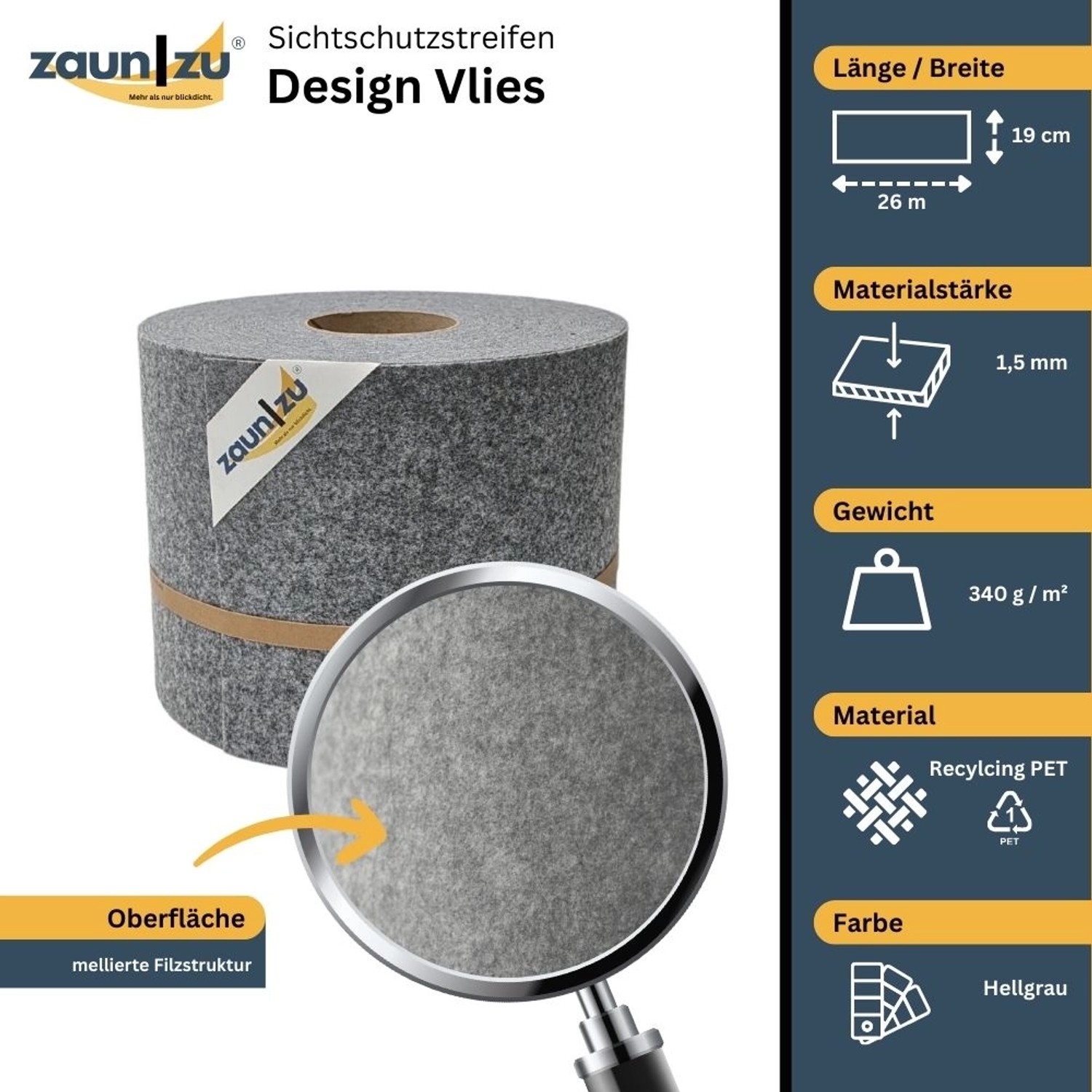 zaunzu Sichtschutz Vlies Hellgrau, 26m Rolle für Doppelstabmattenzäune.