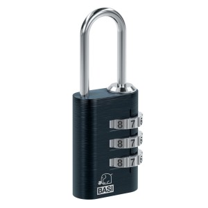 Schwarzes Basi Kofferschloss KS 611 mit einstellbarer Zahlenkombination und Aluminiumgehäuse.