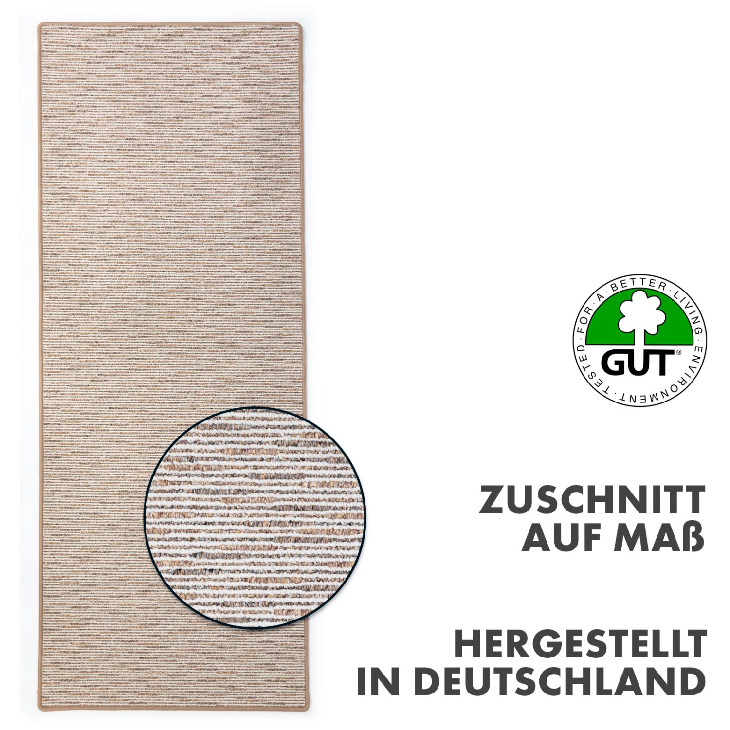 Beiger KARAT Teppich Geneva nach Maß, moderner Wohnteppich mit Detailansicht der Textur.