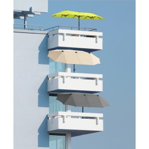 Schneider Marktschirm, 300x150 cm, Natur, mit Knickfunktion auf Balkonen in Gelb, Beige und Grau.