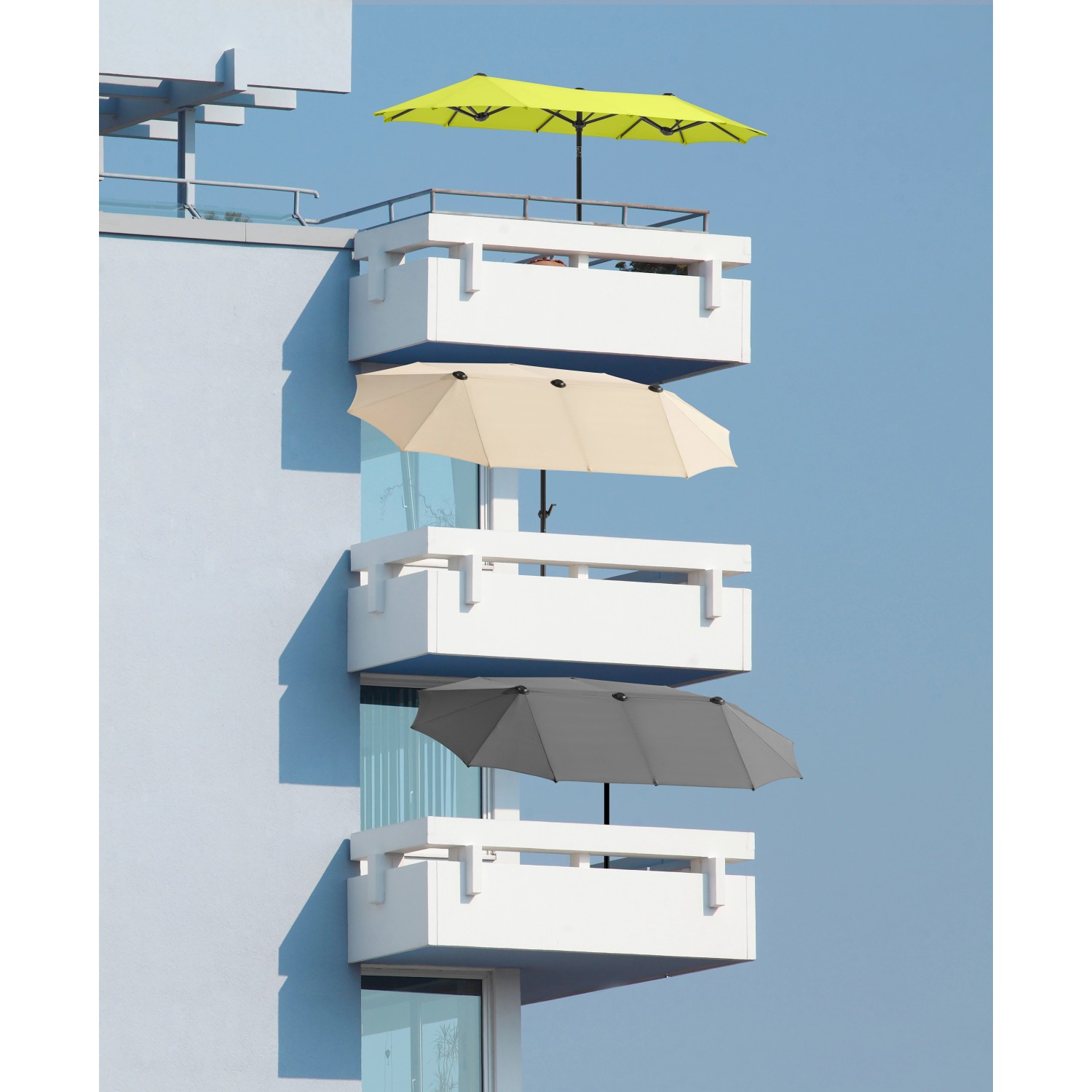 Schneider Marktschirm, 300x150 cm, Natur, mit Knickfunktion auf Balkonen in Gelb, Beige und Grau.