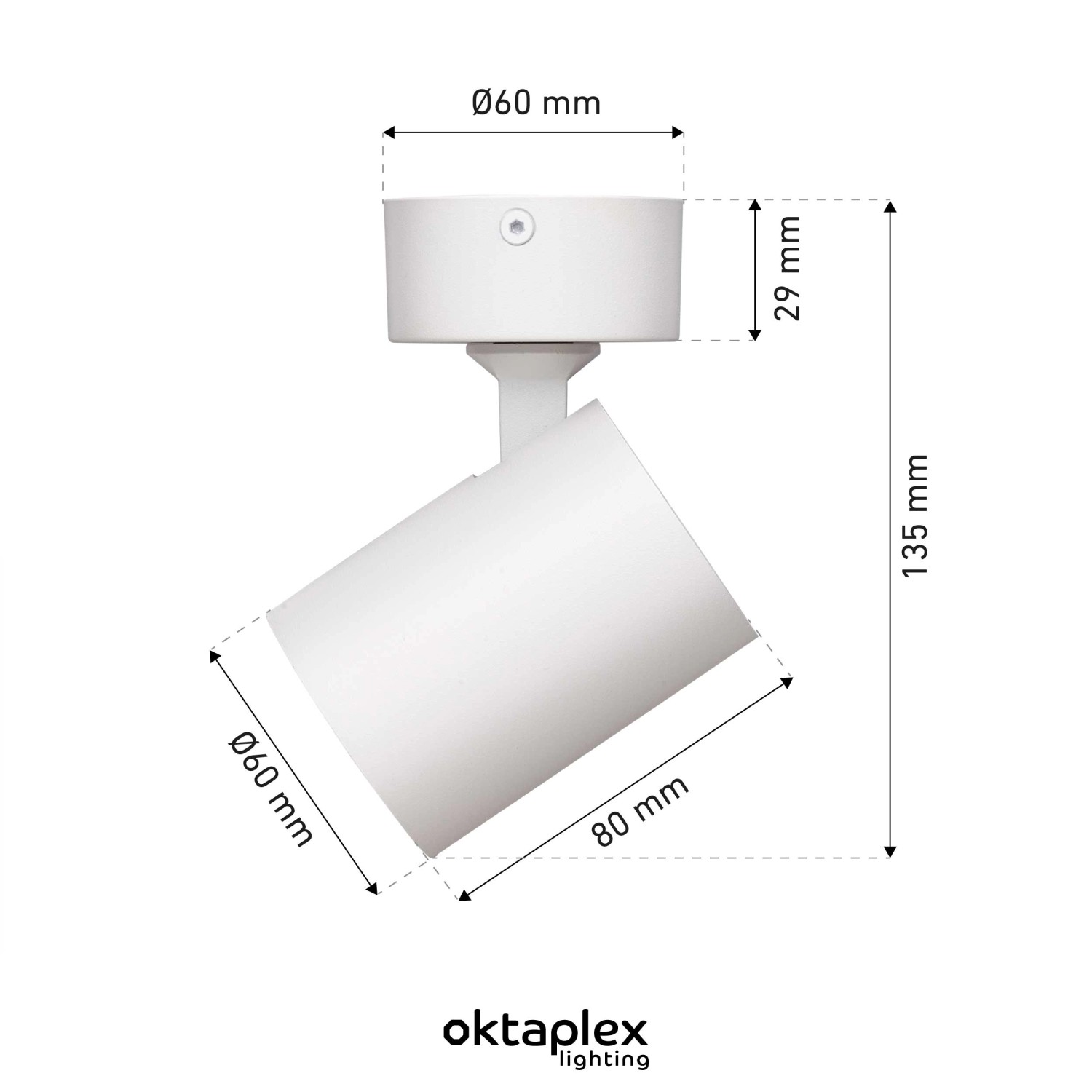 Oktaplex Bora Deckenleuchte, weiß, schwenkbar, mit Maßen. Ideal für Lampen & Leuchten.