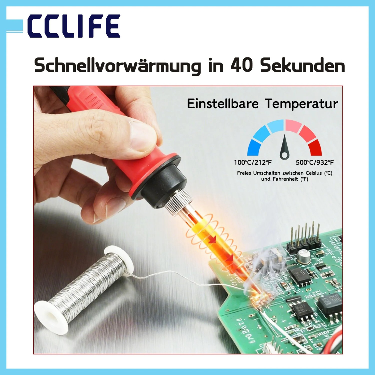 Hand lötet mit kabellosem CCLIFE 60W Lötkolben auf Platine. Einstellbare Temperatur 100-500°C, schnell einsatzbereit für Elektronik.