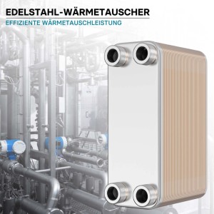 Edelstahl Plattenwärmetauscher mit 50 Platten, silber-kupferfarben, in industrieller Umgebung. Hohe Wärmeübertragungsleistung.