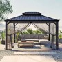 Anthrazitfarbener Sojag Aluminium Pavillon Messina 10x12 mit Moskitonetz und Gartenmöbeln.