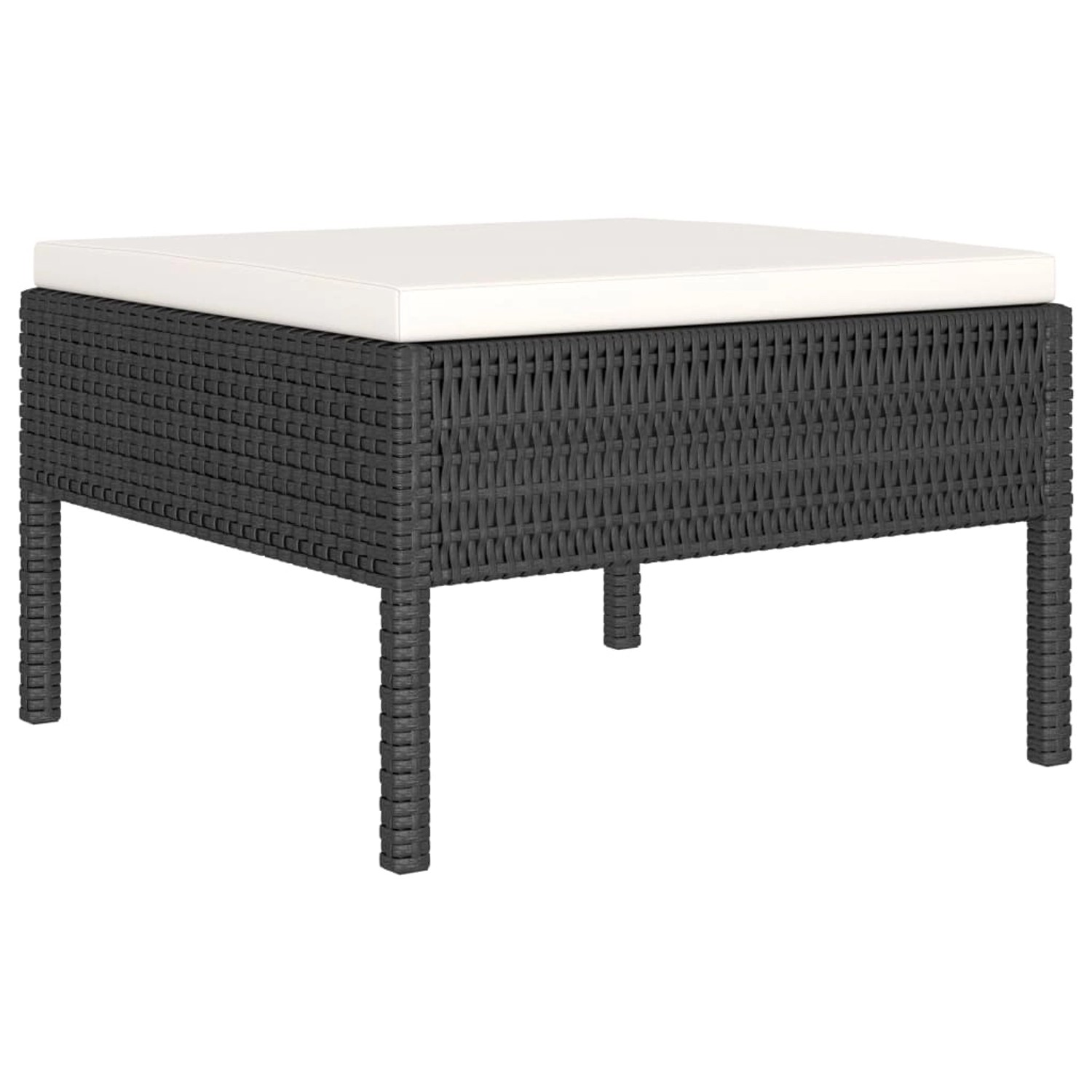 Schwarzer vidaXL Hocker aus Rattan mit creme-weißem Kissen, Teil des 4-tlg. Garten Lounge Sets.