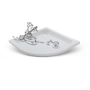 Weiße baliv Viertelkreis-Duschwanne 80x80 cm, extraflach mit Comic-Illustration.