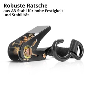 Schwarzer STAHLWERK Ratschengurt mit robuster Stahlratsche und Haken. Ideal für Ladungssicherung.