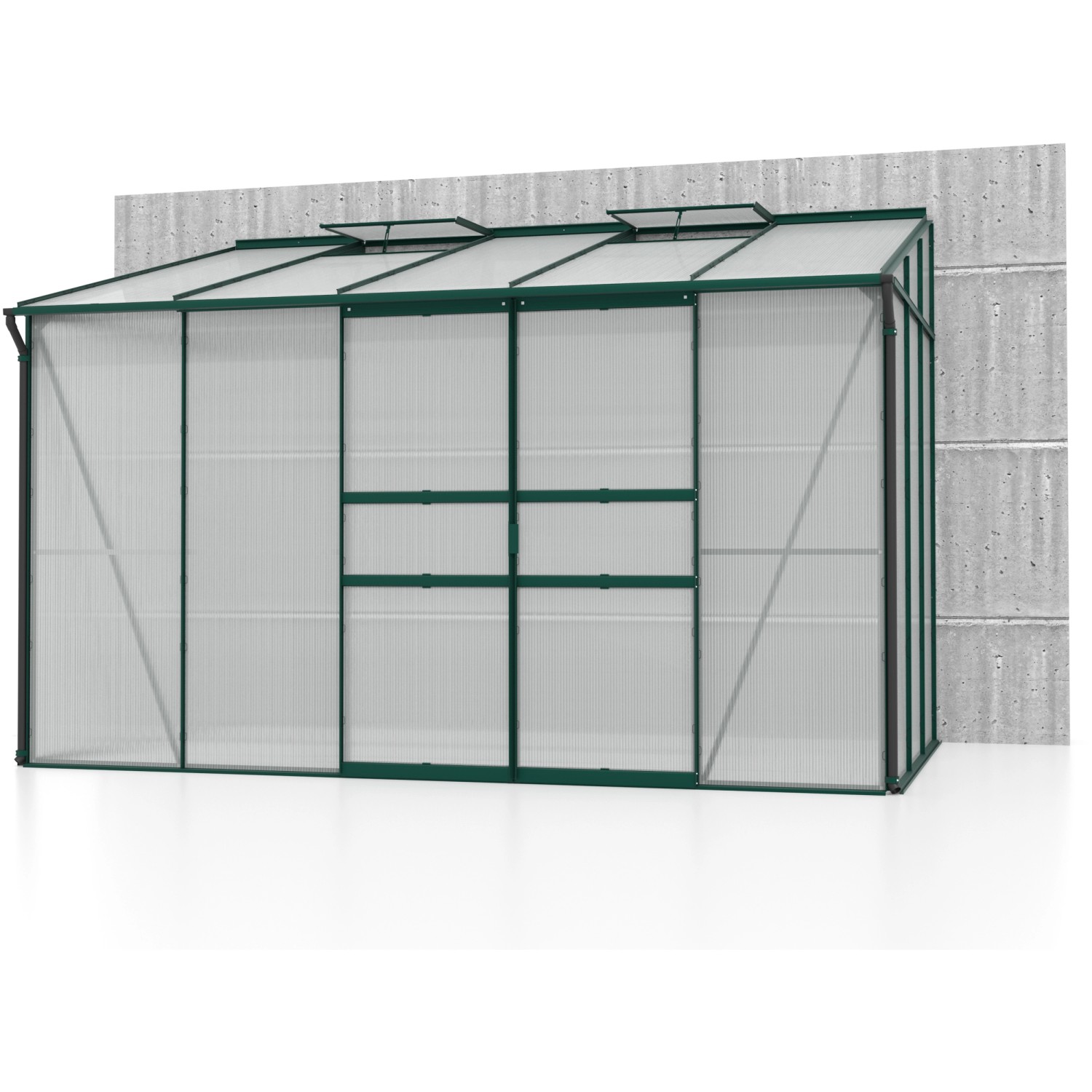 Anlehn-Gewächshaus Ida 6500 Smaragd mit Doppelschiebetür und zwei Dachfenstern.