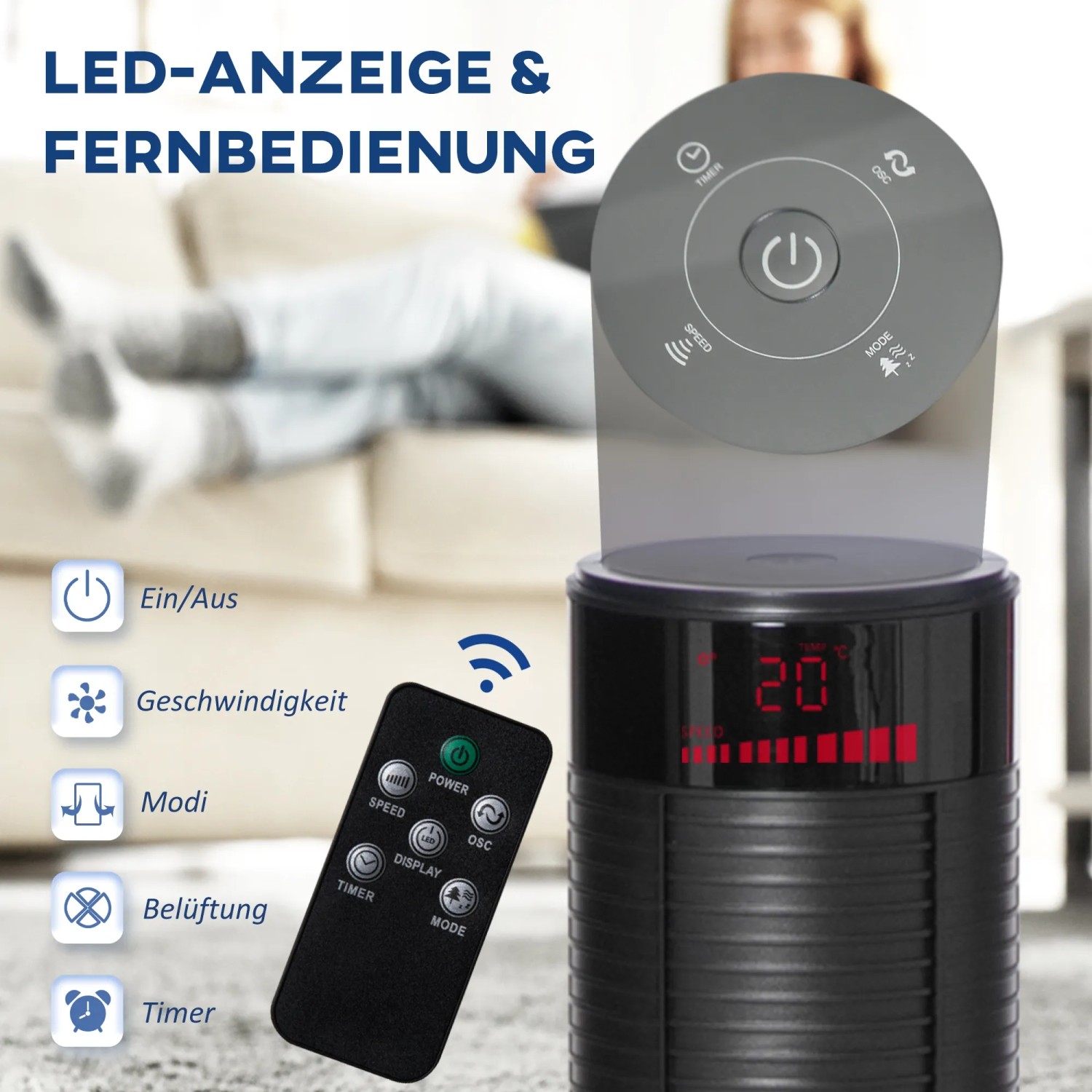 Schwarzer HOMCOM Turmventilator mit Fernbedienung und LED-Anzeige.