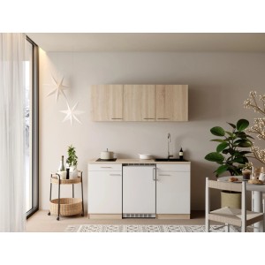Respekta Ingrid Singleküche 150 cm, weiße Fronten, Holzoptik-Arbeitsplatte, Kochfeld, Spüle, Kühlschrank.