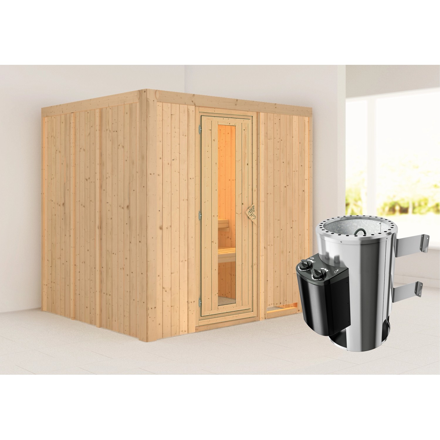 Karibu Sauna Dilja mit Ofen integrierte Stg.Natur