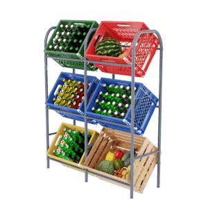 Getränkekistenregal mit 6 Fächern aus Metall, befüllt mit Getränken und Lebensmitteln.