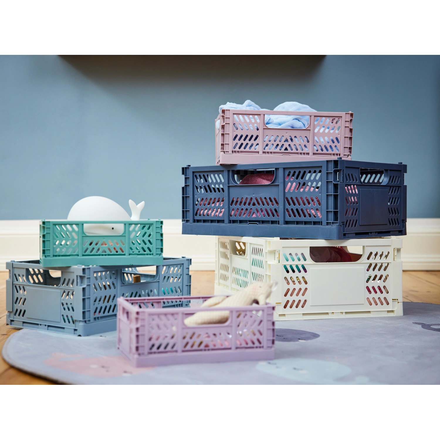 3-teiliges Klappboxen-Set Under The Sea in Blau- und Grüntönen, ideal zur Aufbewahrung im Kinderzimmer.