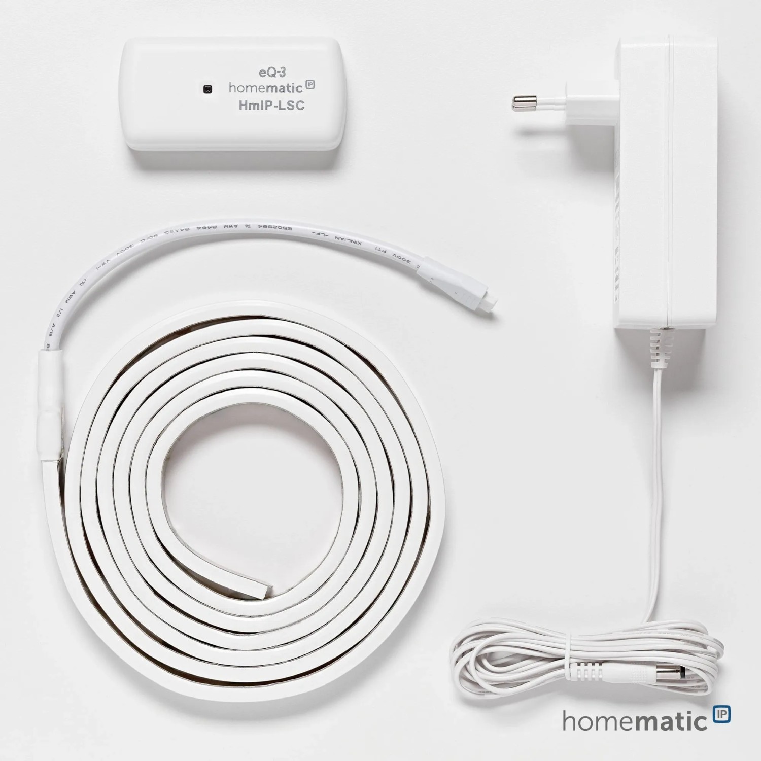 Homematic IP Lightstrip Set (2 m) für Hausautomation: LED-Streifen, Controller und Netzteil.