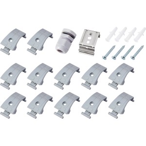 Montagematerial für LED-Feuchtraumleuchte: Halterungen, Schrauben, Dübel und Kabelverbinder.