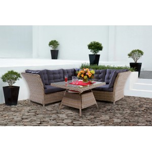 4-teiliges Lounge-Set mit Esstisch Madison in Natur, Polyrattan-Optik mit grauen Auflagen.