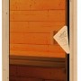 Saunatür der Karibu Sauna Rikka aus Holz und Glas, mit Blick auf die Inneneinrichtung.