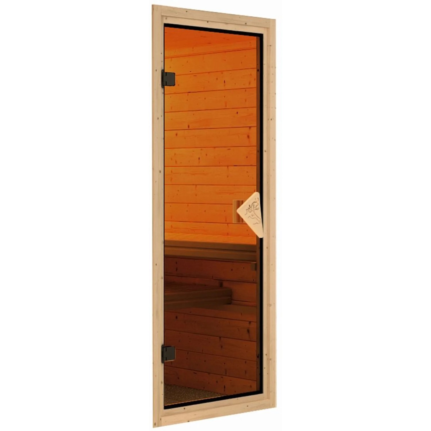 Saunatür der Karibu Sauna Rikka aus Holz und Glas, mit Blick auf die Inneneinrichtung.