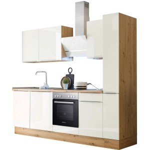 Respekta Küchenzeile Marleen 250 cm in Artisan-Eiche und Weiß Hochglanz mit E-Geräten.