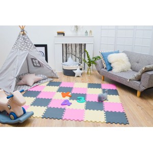 LittleTom Baby & Kinder Puzzlematte, 27 Teile, Grau, Beige, Pink, 30x30 cm, als weiche Spielunterlage.