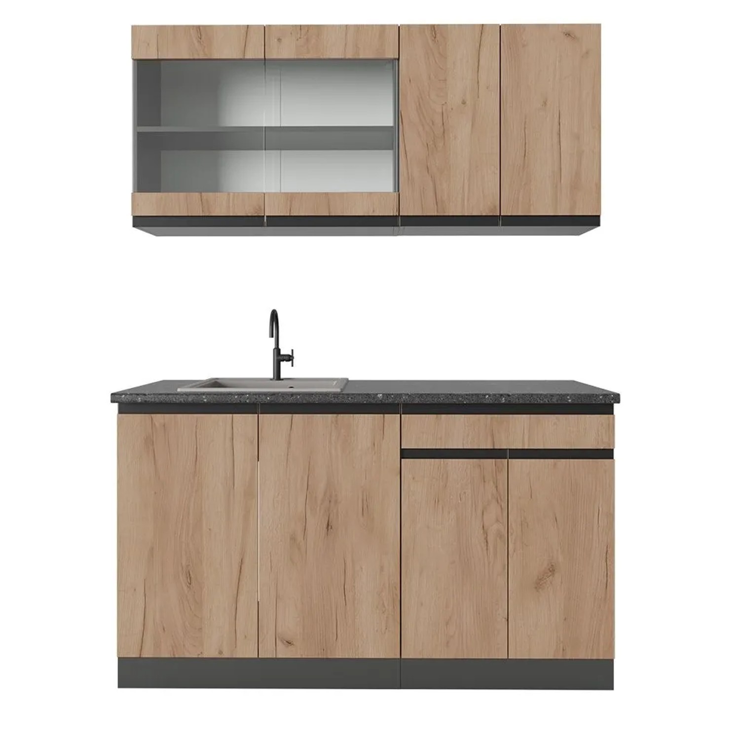 Vicco R-Line Singleküche Goldkraft Eiche Anthrazit 140 cm J-Shape ohne E-Geräte