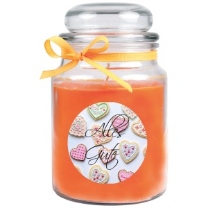 HS Candle Duftkerze im Glas mit Aufschrift "Alles Gute" und orangefarbenem Wachs.