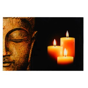Glasbild Buddha mit Kerzen, 40x60cm, Wanddekoration für entspannte Atmosphäre.
