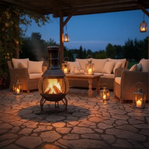Relaxdays Aztekenofen Stahl Gusseisen Silbergrau Funkenschutz 89 cm x 45 cm x 45 cm 6,9 kg