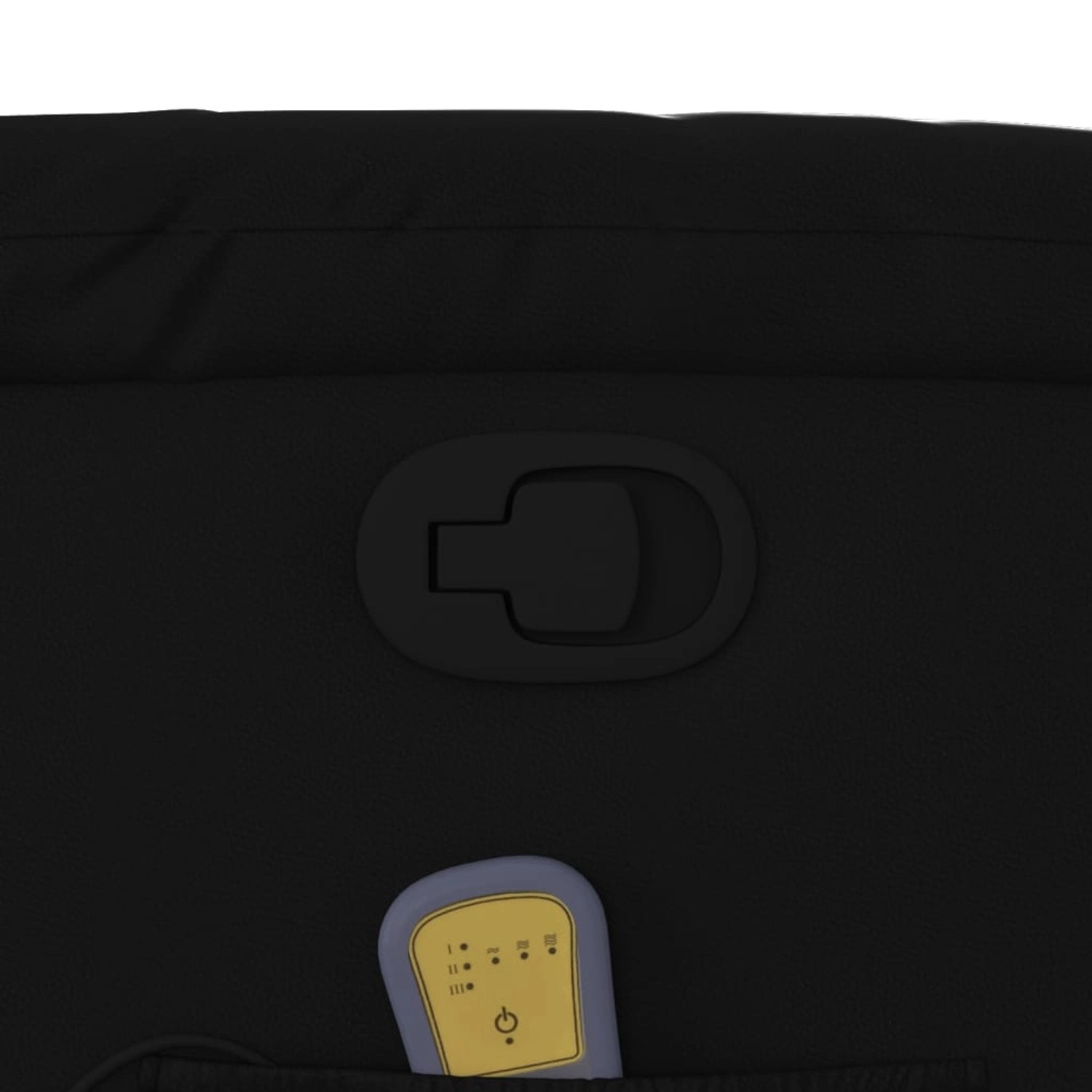 Detailansicht: Schwarzer Massagesessel mit Aufstehhilfe, Bedienelement und seitliche Verstellung.