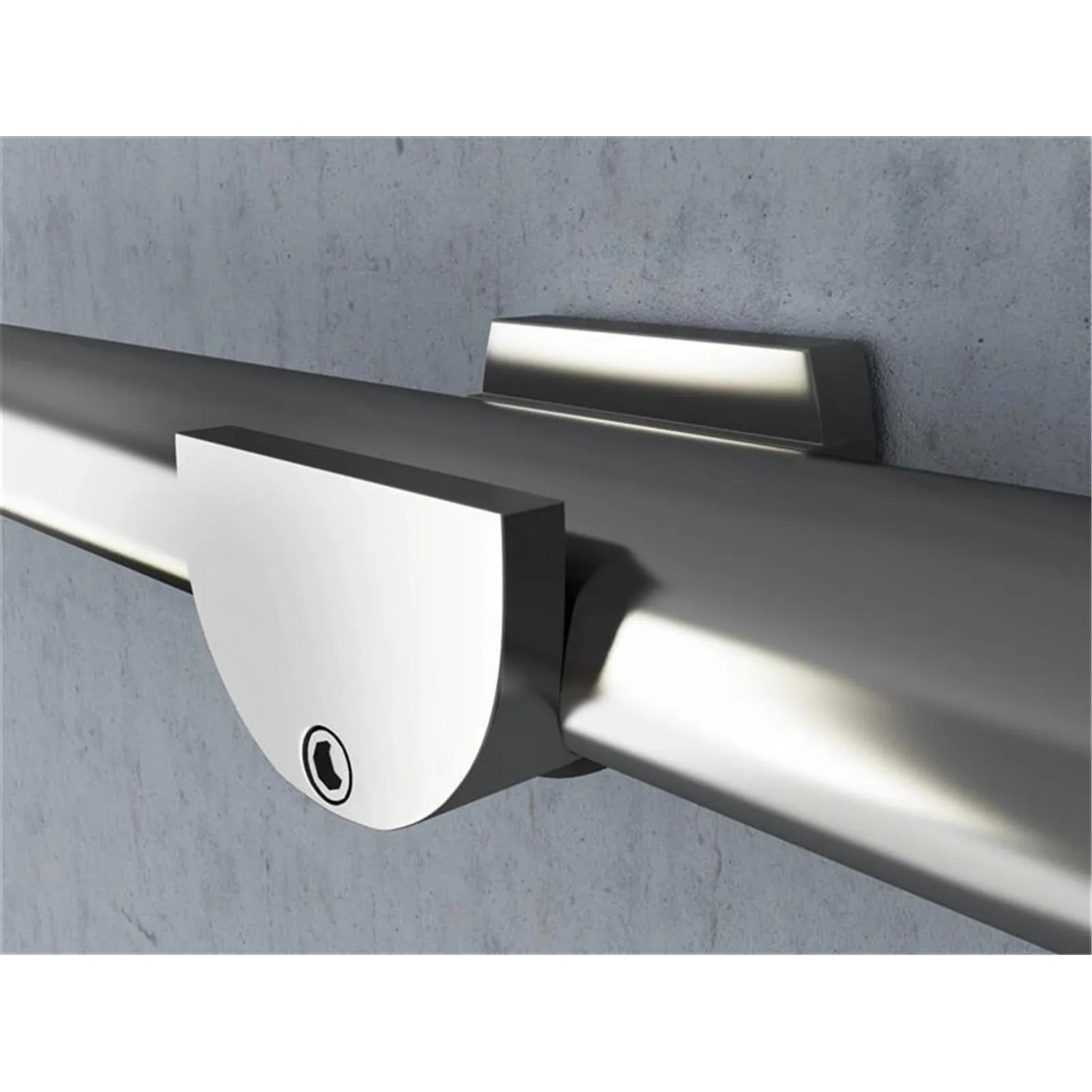 Detailaufnahme der Edelstahl-Laufschiene für eine Glasschiebetür. Glastüren & Schiebetüren.