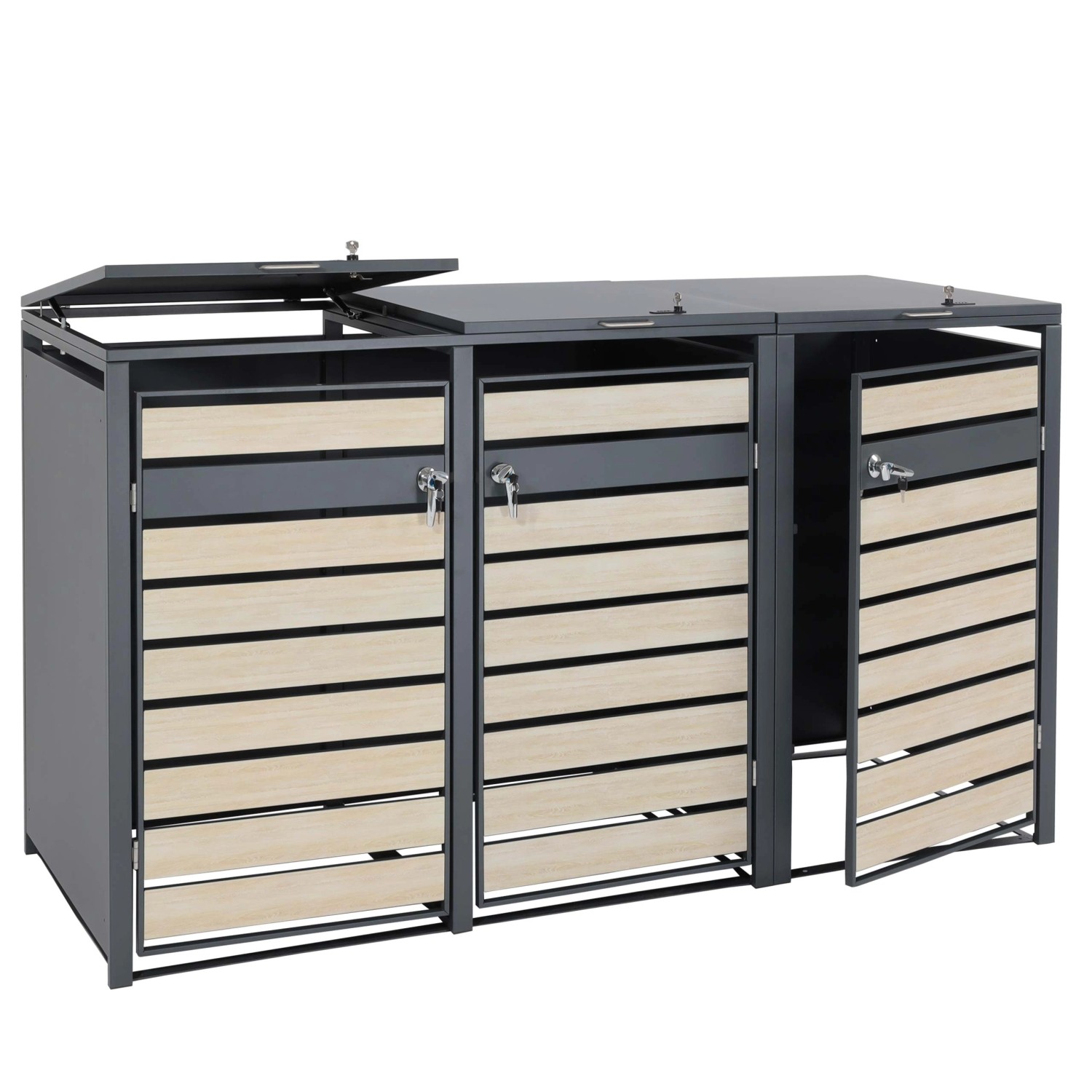 PROREGAL Mülltonnenbox 3er 117x200x80cm Anthrazit Buche-Holzoptik Hellbraun günstig online kaufen