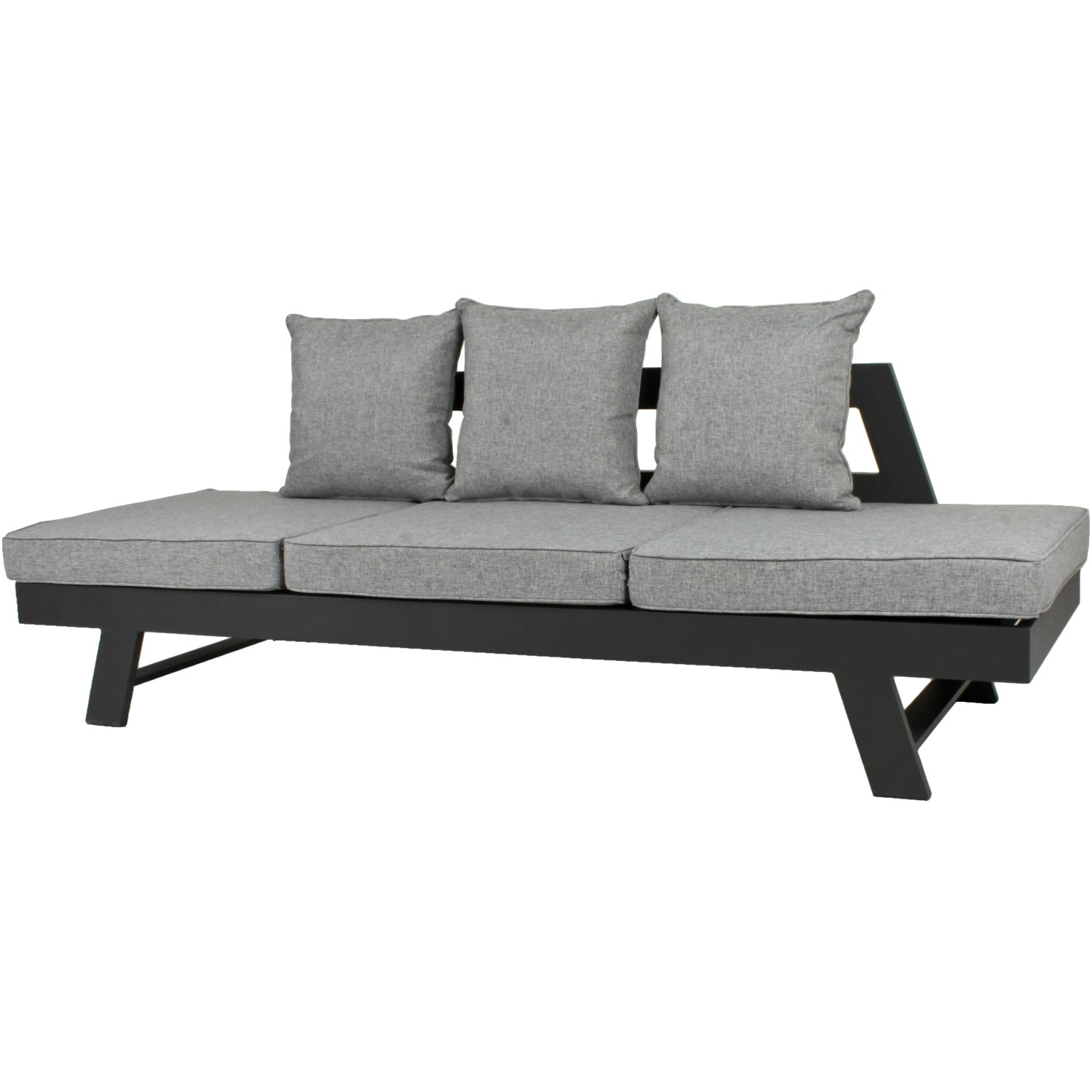 Graues Funktionssofa Donna für den Garten mit verstellbaren Sitzelementen und Aluminiumgestell.