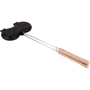 Petromax Burgereisen aus Gusseisen mit Holzgriffen zum Grillen von Burgerpatties.