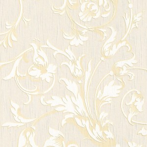Creme-beige Textiltapete mit mattem Blumenmuster in Gold. Dekorative Tapete für Wohnräume.