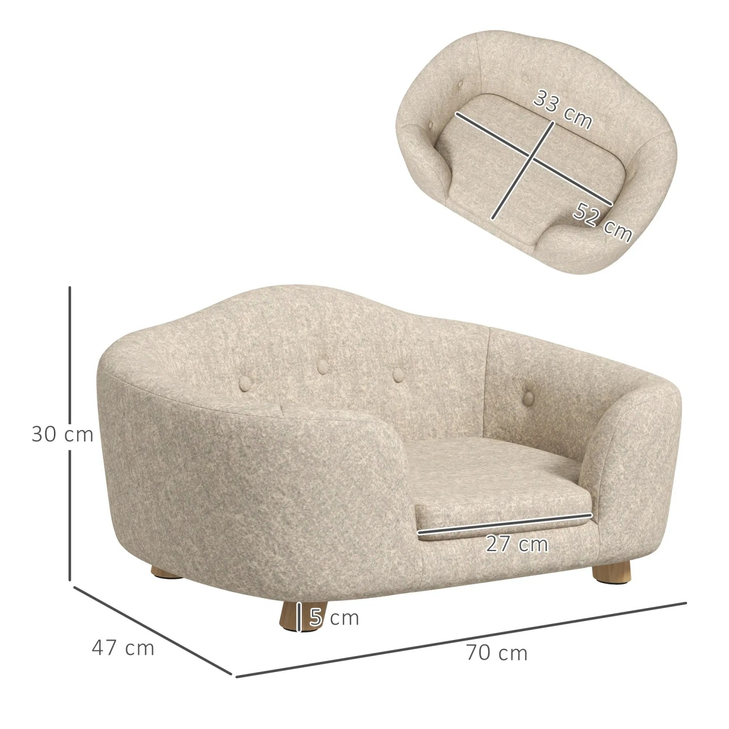 Beiges PawHut Hundebett mit Kissen und Maßen, ein komfortables Hundesofa für Ihr Haustier.