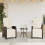 3-tlg. Bistro-Set: Rattan Gartenmöbel mit Kissen in Braun und Creme. Gartentisch und Relaxsessel.