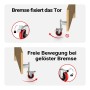 Wiltec Torrolle mit Bremse. Oben: Bremse fixiert das Tor. Unten: Freie Bewegung bei gelöster Bremse. Rotes Rad, Stahl.