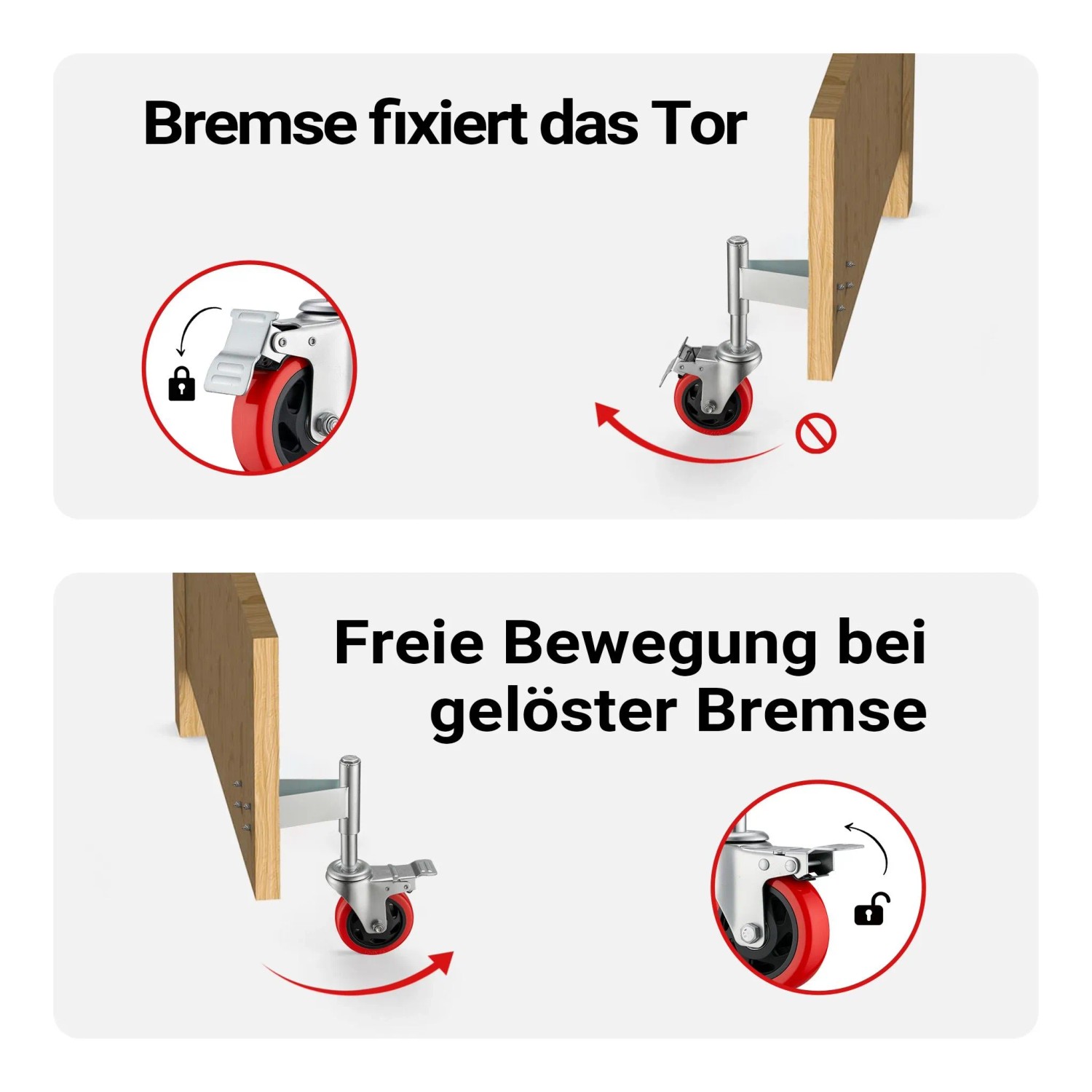 Wiltec Torrolle mit Bremse. Oben: Bremse fixiert das Tor. Unten: Freie Bewegung bei gelöster Bremse. Rotes Rad, Stahl.