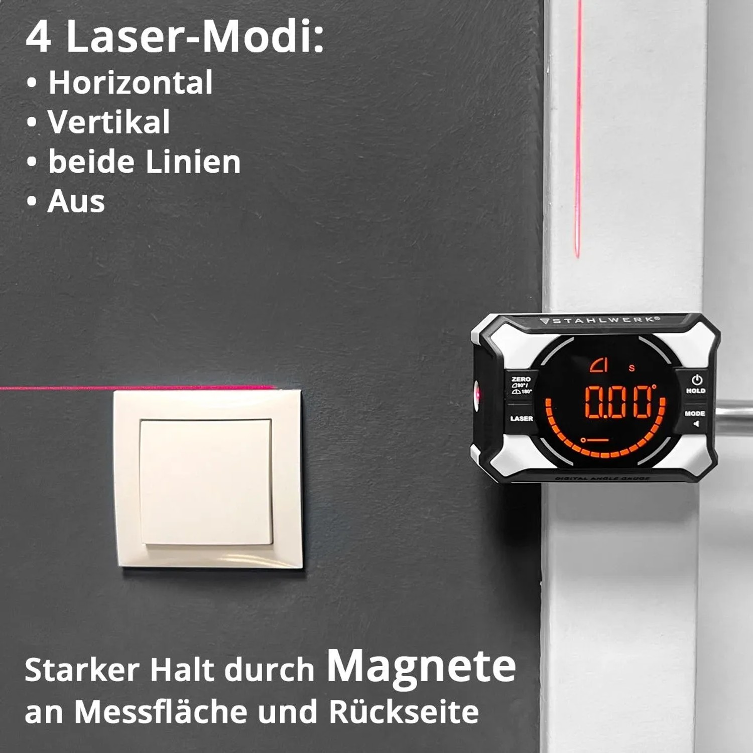STAHLWERK Digitaler Laser Winkelmesser mit rotem Laserstrahl und Magnetbefestigung.