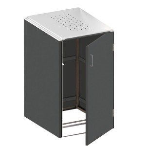 Mülltonnenbox Binto HPL Schiefer, 1er Box mit Edelstahl-Deckel, Tür geöffnet.