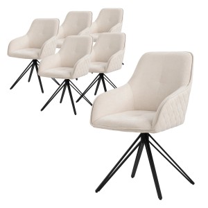 6er Set drehbare Esszimmerstühle in Creme mit Webstoffbezug und schwarzem Metallfuß.